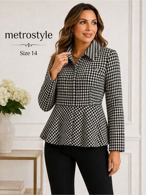 Metrostyle Houndstooth Peplum Jacket Size 14 Black White Classic Chic